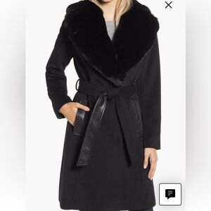 NWOT Faux Leather & Wool Blend Coat with Faux Fur Collar